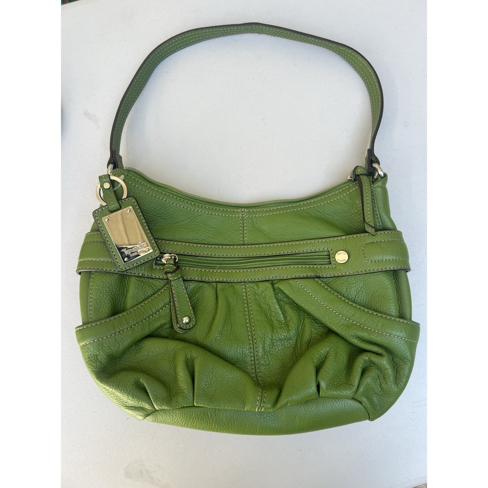 Tignanello Green Leather Hobo Shoulder Bag A33784 Y2K Pleated Pocket Purse
